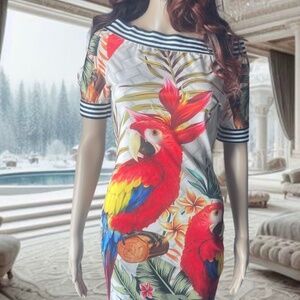 Stunning Designer CBR Island Multi Color  Parrot Mini Dress sz M stretchy NWT